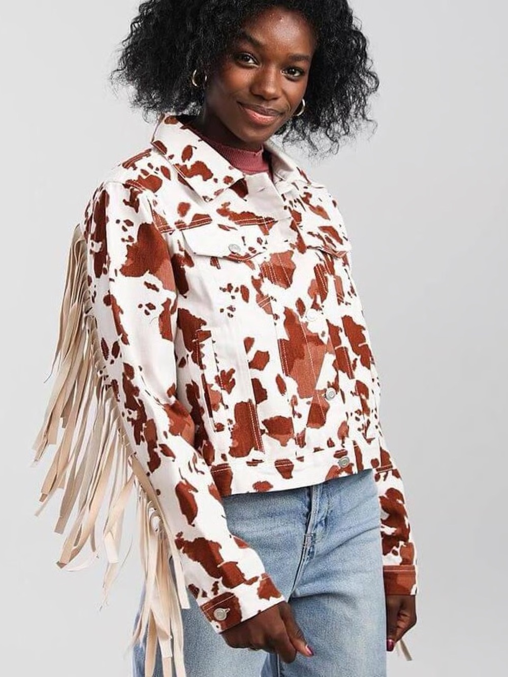 Fringed Cowprint Denim Jacket - White & Brown